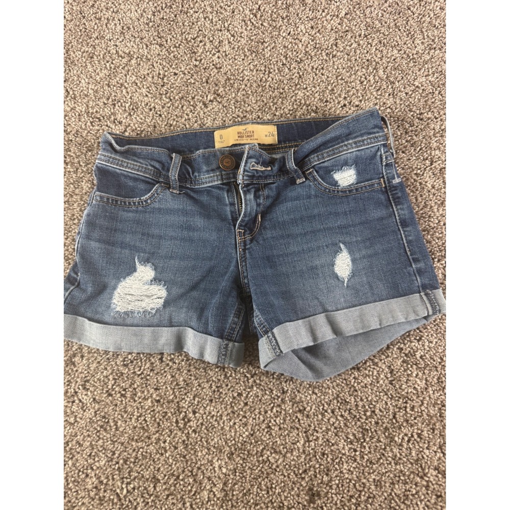 Hollister‎ Womens Midi Shorts Low Rise Distressed Denim Blue Cuffed Size 0 W24